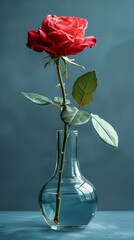Fototapeta premium Single Red Rose in Clear Glass Vase Elegant Floral Still Life