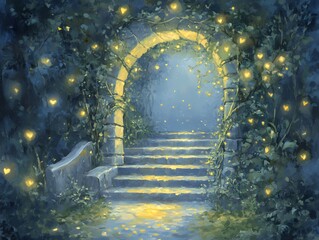 Fototapeta premium Enchanted stone archway leading to a mysterious staircase illuminated by glowing orbs in a lush forest