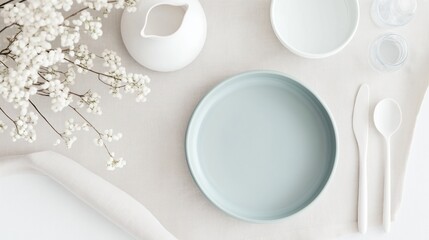 Flat lay of a table setting with a light blue plate in the center. the plate is empty and has a smooth surface. on the left side of the plate, there is a white pitcher with a handle and a spout.