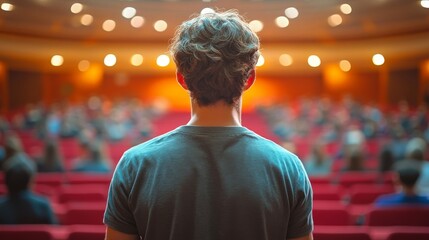 Young Man Facing Audience in Auditorium