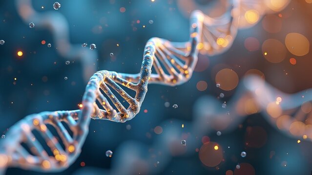 A vibrant depiction of a DNA helix placed against an abstract background, highlighting biological research and genetic science themes for medicine and innovation.