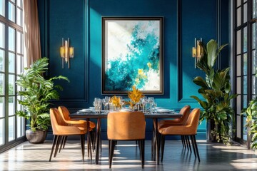 Obraz premium Stylish Dining Room with Elegant Furniture, Vibrant Art, and Lush Greenery, Perfect for Modern Interior Design Inspiration
