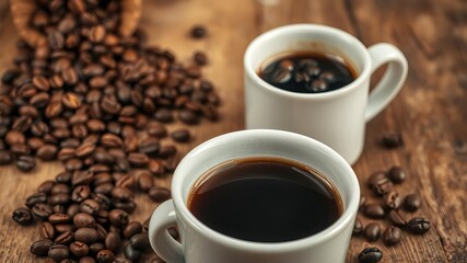 Obraz premium A rustic wooden table holds a cup of black coffee and a scattering of coffee beans, adding a touch of energy to any day, oomph, drink, aroma