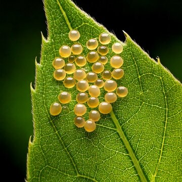 Close-up of butterfly eggs attached to a leaf, revealing microscopic details of their texture and structure, showcasing the intricate patterns and delicate nature of the eggs.