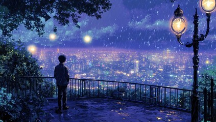 Fototapeta premium Serene Evening in a Rainy Cityscape, Featuring a Solitary Figure Overlooking a Vibrant Urban Landscape Under a Starry Sky and Glowing Street Lamps