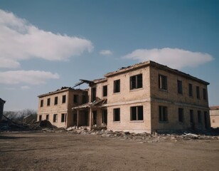 Obraz premium An abandoned building stands with a considerable amount of rubble in front of it