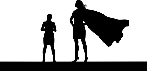 A superhero business woman revealed by her shadow silhouette as a super hero in a cape