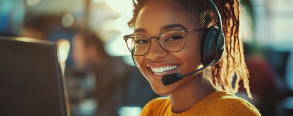 Smiling female telemarketing representative wearing a headset, ready to assist customers with a positive attitude.