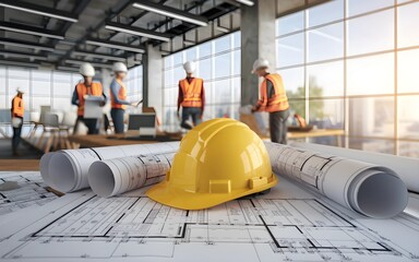 Construction blueprints with hardhats in modern office space