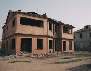 Fototapeta premium An abandoned building has significant rubble in front of it