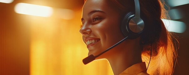Smiling female telemarketing representative wearing a headset, ready to assist customers with a positive attitude.