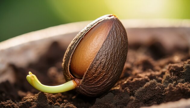 Close-up of an avocado seed beginning to sprout, with delicate roots emerging, showcasing the early stages of growth and the intricate details of the budding plant.