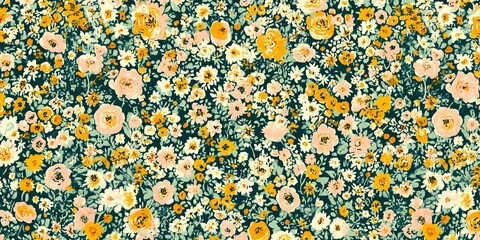 Vibrant Floral Pattern Design Teal Yellow Pink Roses Seamless Texture