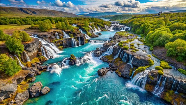 Aerial View of Hraunfossar and Barnafoss Waterfalls, Iceland: Turquoise Water Cascading Through Lava Fields