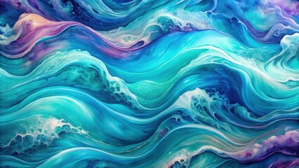 Vibrant turquoise waves on a colorful abstract background with swirling patterns and shades of blue and purple hues, marbled, oceanic