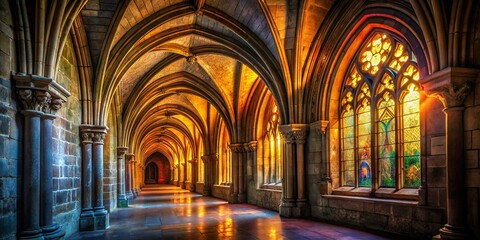 Obraz premium Ancient Gothic Abbey Chapel Corridor: Illuminated Stone Architecture, France