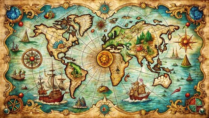 Naklejka premium Antique Fantasy Nautical Chart: Lost Isles & Mythical Seas Treasure Map