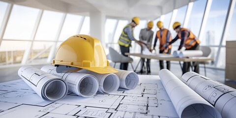 Construction blueprints and hardhats on a desk in modern office