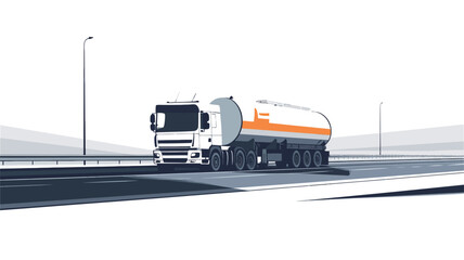 The image shows a white and orange tanker truck traveling on a multi-lane highway. The truck is in sharp focus, while the background is slightly blurred, suggesting motion. The highway is