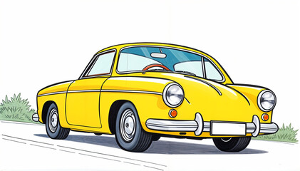 Classic yellow Car Driving on the road cartoon draw