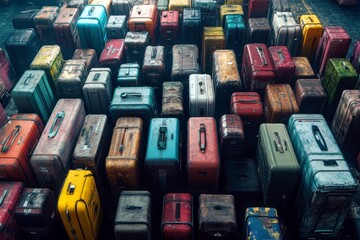 Abandoned Colorful Suitcases Stacked Together in a Talented Arrangement on a Concrete Surface Depicting Travel and Adventure in Urban Setting