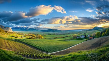 Fototapeta premium Beautiful spring landscape with green fields, blue sky, and clouds. Aerial view of farmland at sunset. Wide panoramic shot