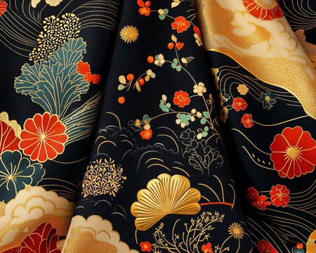 Japanese kimono floral fabric with traditional Japanese fabric pattern and elegant Japanese textile background