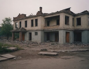 Naklejka premium A long row of abandoned, dilapidated buildings featuring a yellow door