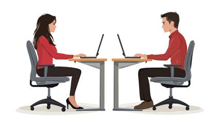 Obraz premium An illustration depicting a man and a woman seated at adjacent desks, each using a laptop computer. Both individuals are shown in profile view, facing away from each other. They are