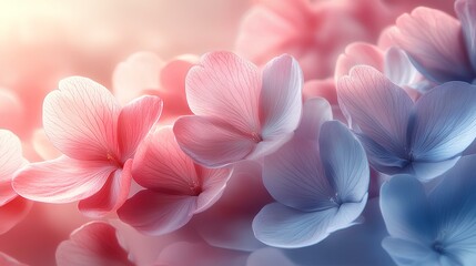 Fototapeta premium Artistic wallpaper featuring delicate pink sakura petals drifting through the air on a soft breeze. The background is a dreamy gradient of pastel pink and light blue, resembling a spring sky