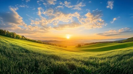 Fototapeta premium Beautiful spring landscape with green fields, blue sky, and clouds. Aerial view of farmland at sunset. Wide panoramic shot