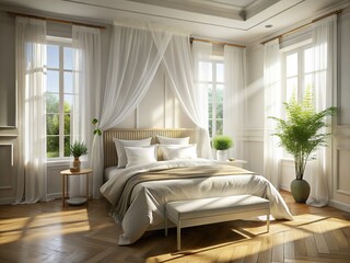Fototapeta premium Crisp White Bedding, Luxurious Hotel Room, Clean Sheets, Peaceful Bedroom, Fresh Linen