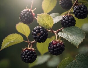 A cluster of ripe blackberries is hanging from a tree branch