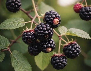 A cluster of ripe blackberries is hanging from a tree branch