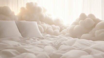 Bed with white sheets and pillows. the bed is covered with a fluffy white blanket that is crumpled and wrinkled. the background is a window with sheer white curtains.