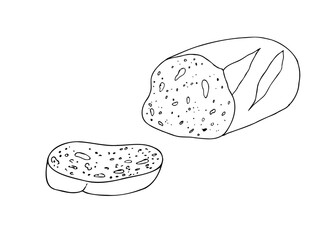 Vector slice of bread, bakery. Graphic ink loaf food, whole grain bread, ciabatta, brown homemade, baguette. Bun illustration isolated on background. Hand drawn line sketch. For designers, prints
