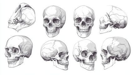 Different style skulls faces vector illustration halloween horror style tattoo anatomy art.