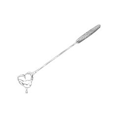 Black and white sketch of fondue fork with marshmallow dipped in hot chocolate or cheese.