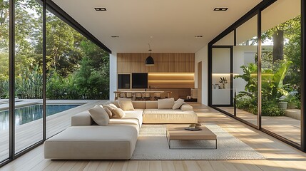 Fototapeta premium Modern living room with large windows overlooking a backyard