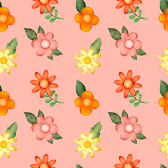 seamless watercolor pattern with colorful flowers and leaves