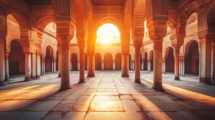 Obraz premium Serene Sunlight Streaming Through Historic Archways in Moroccan Courtyard