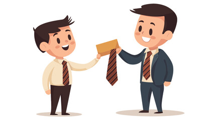 Obraz premium The illustration shows two cartoon businessmen. One is handing the other a gift and a necktie. Both men are smiling. The style is simple, flat vector illustration with bold outlines and