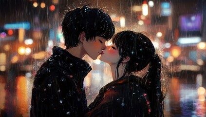 Obraz premium Romantic moment between a couple sharing a kiss under the rain in a vibrant city, illuminated by neon lights and reflections in puddles