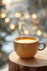 Fototapeta premium Warm turmeric tea in a ceramic cup, steam rising gracefully on a rustic wooden surface.