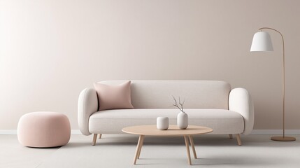 Modern living room with a light pink sofa and a round wooden coffee table in the center. the sofa is upholstered in a soft pink fabric and has two pink throw pillows on it.