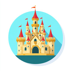 Fototapeta premium An illustration of a colorful castle with multiple towers, blue and pink roofs, and small flags on top. It is interesting due to its fairy-tale-like design and vibrant colors.