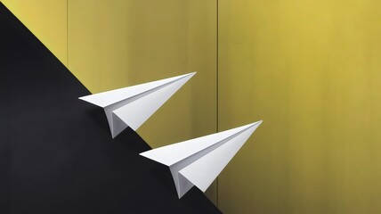 Two white paper planes diagonally placed on a dark surface with a yellow gradient background – Great for contrast, leadership, or competitive business strategy themes.