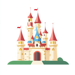 An illustration of a colorful castle with multiple towers, blue and pink roofs, and small flags on top. It is interesting due to its fairy-tale-like design and vibrant colors.