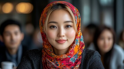 Fototapeta premium Confident Young Asian Woman in Floral Headscarf