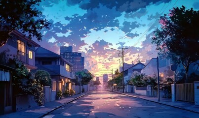 Serene Urban Evening Scene with Colorful Sky and Charming Houses in a Calm Neighborhood at Dusk